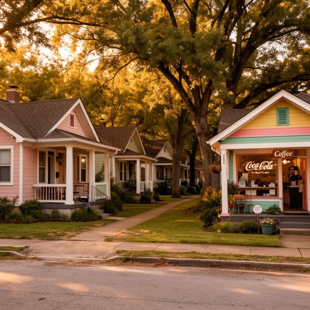 Quiet East Nashville street with bungalows and a small coffee shop at golden hour