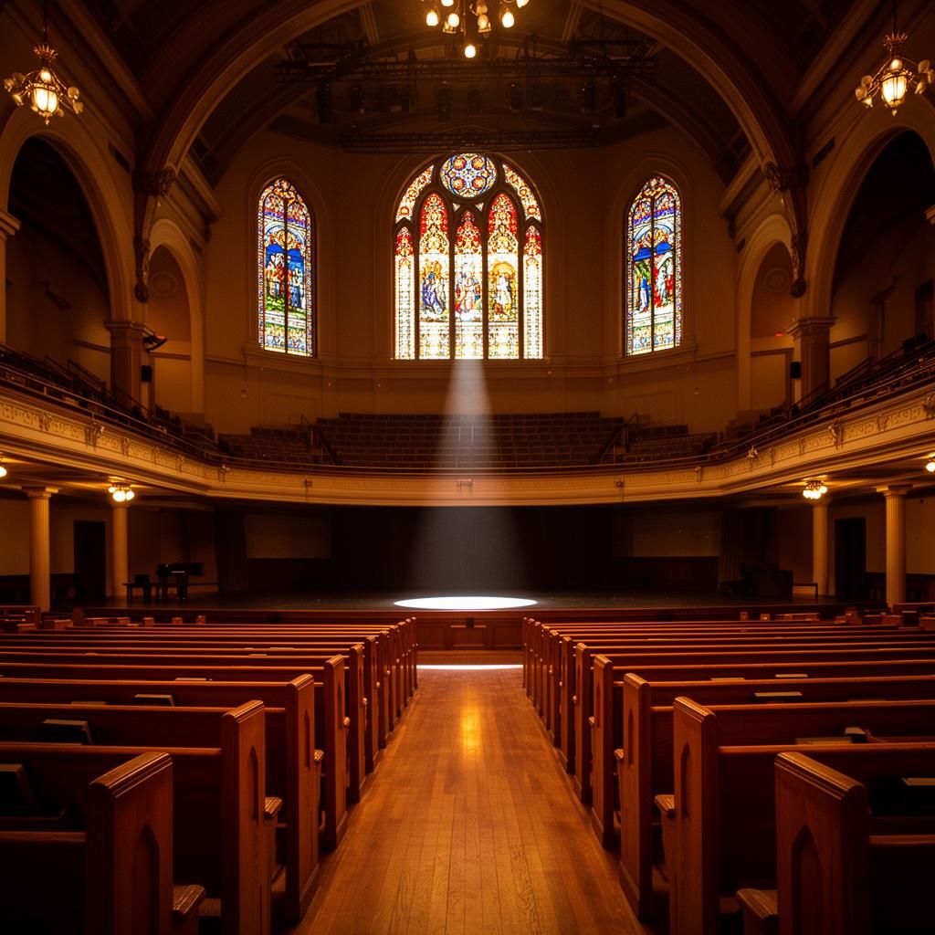 Inside the Ryman Auditorium with wooden pews and stained glass