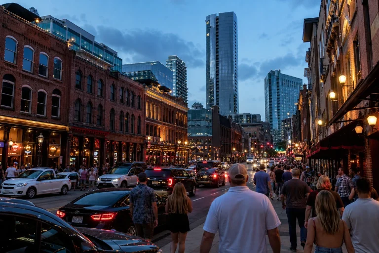 Blue-hour street scene on Lower Broadway in Downtown Nashville