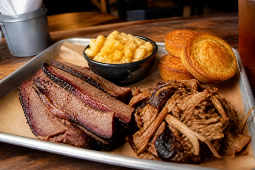 Barbecue tray with brisket, pulled pork, mac and cheese, and hoecakes