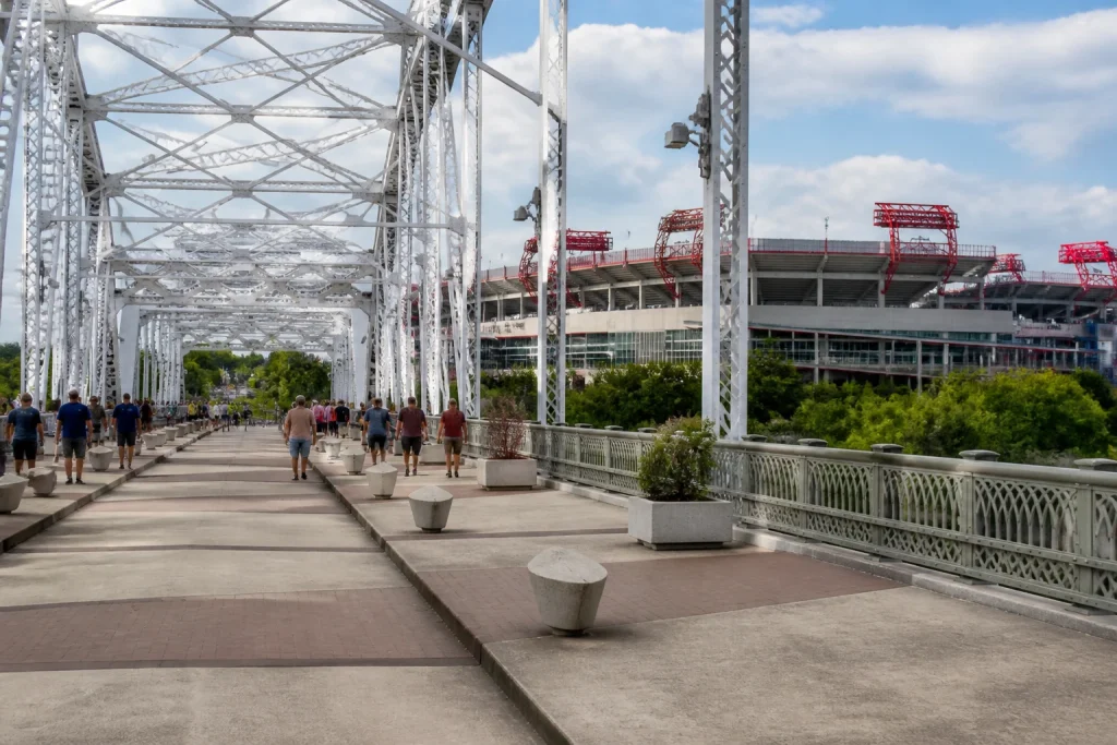 Woodland Street Bridge pedestrian route toward Nissan Stadium