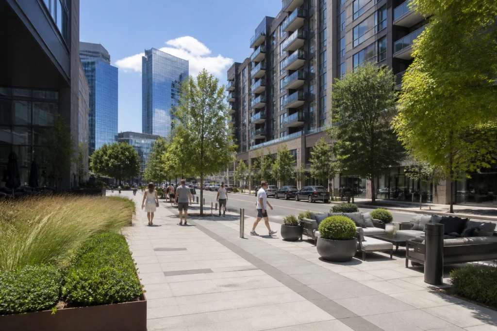 Modern buildings and sidewalks in the Gulch neighborhood of Nashville