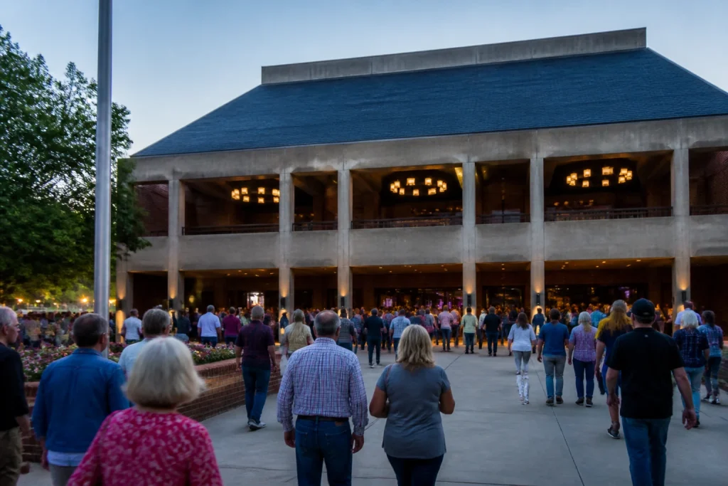 Visitors arriving at the front entrance of the Grand Ole Opry House