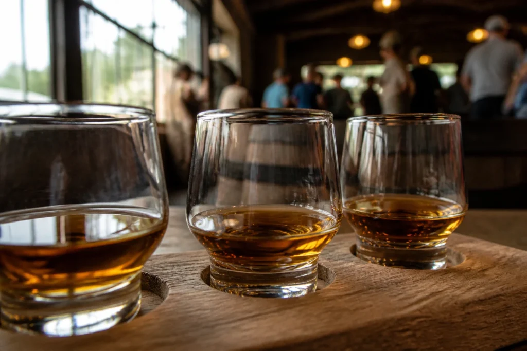 Amber whiskey tasting glasses at a Lynchburg distillery experience