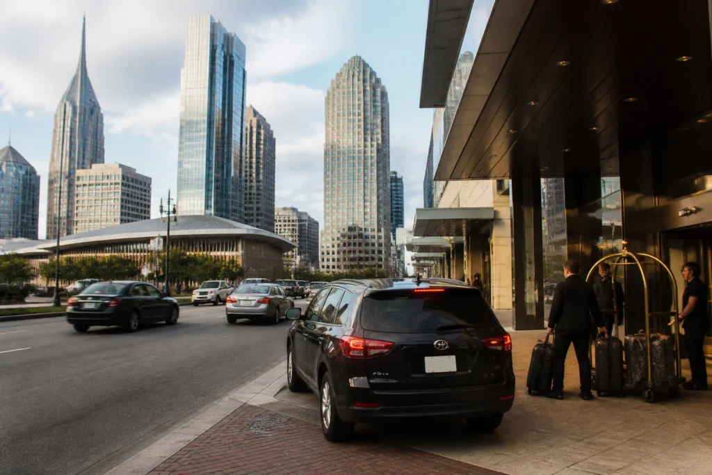 Travelers arriving by car in downtown Nashville