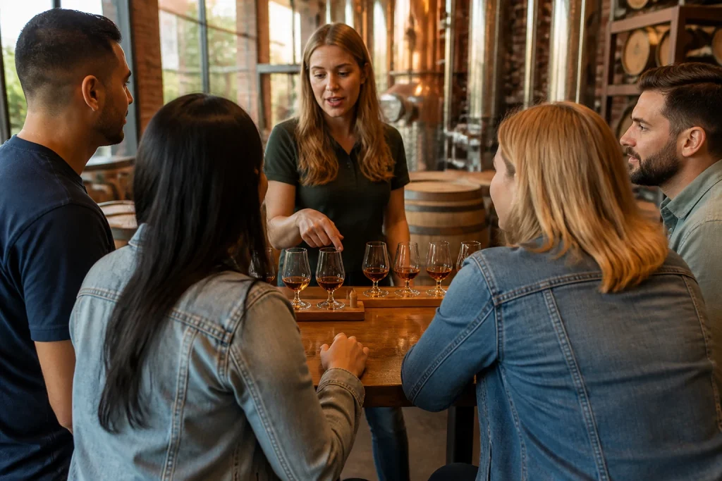 Four whiskey pours prepared for a guided tasting at Nelson’s Green Brier Distillery.