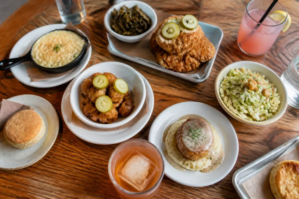 Assorted small tasting plates served during a Nashville food tour