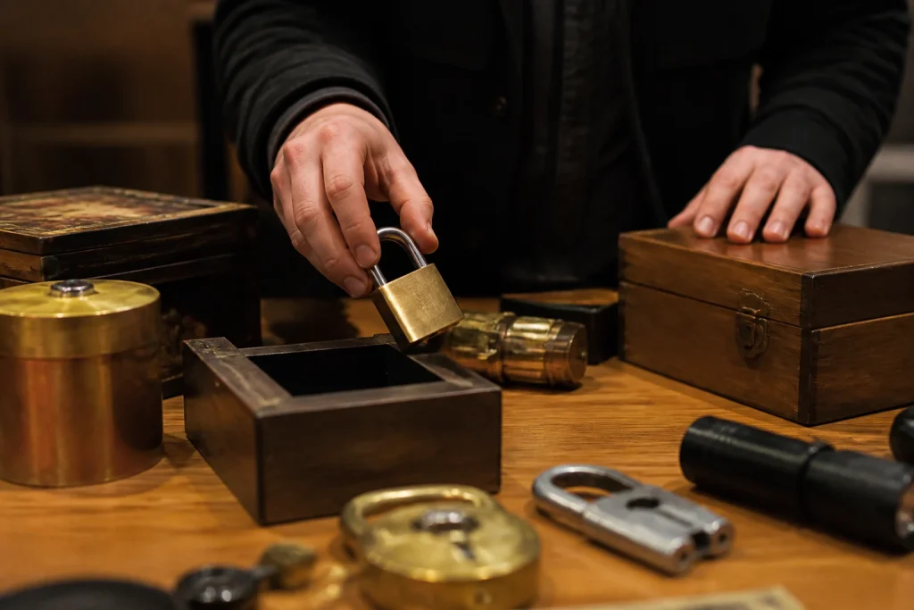 Hands organizing locks and tactile props on an escape room puzzle table