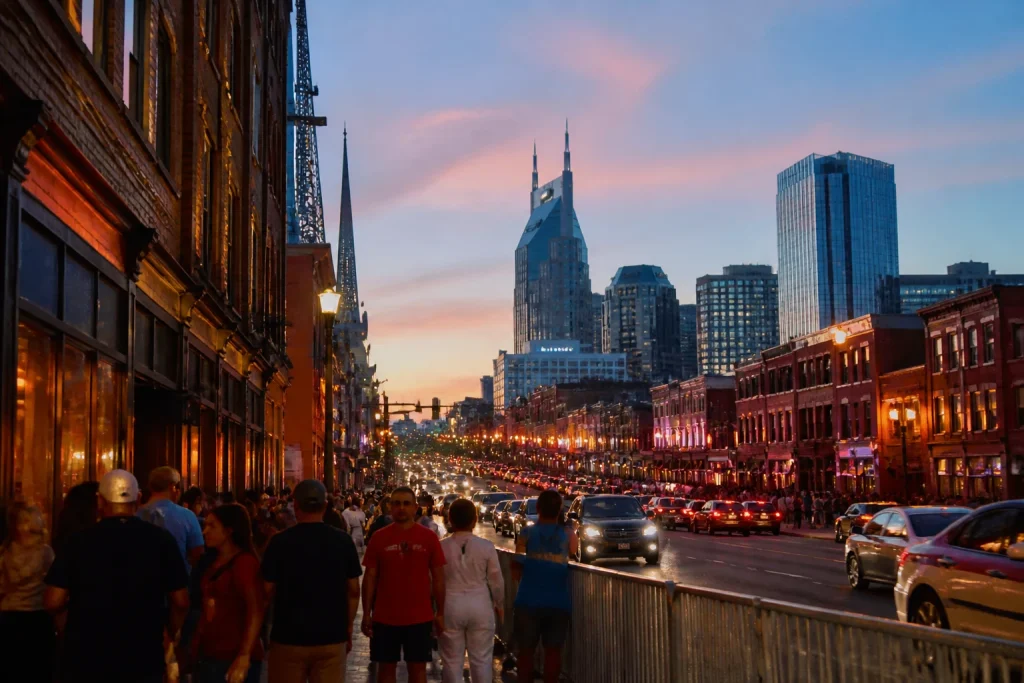 Early evening street scene on Lower Broadway in Nashville
