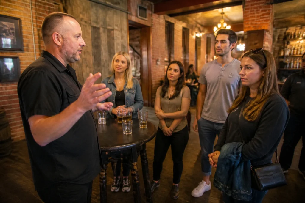 Small adult group listening to a guide inside a Nashville bar
