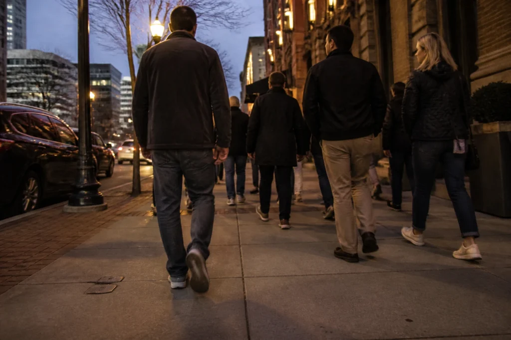 Adult tour group walking on a Nashville sidewalk at dusk