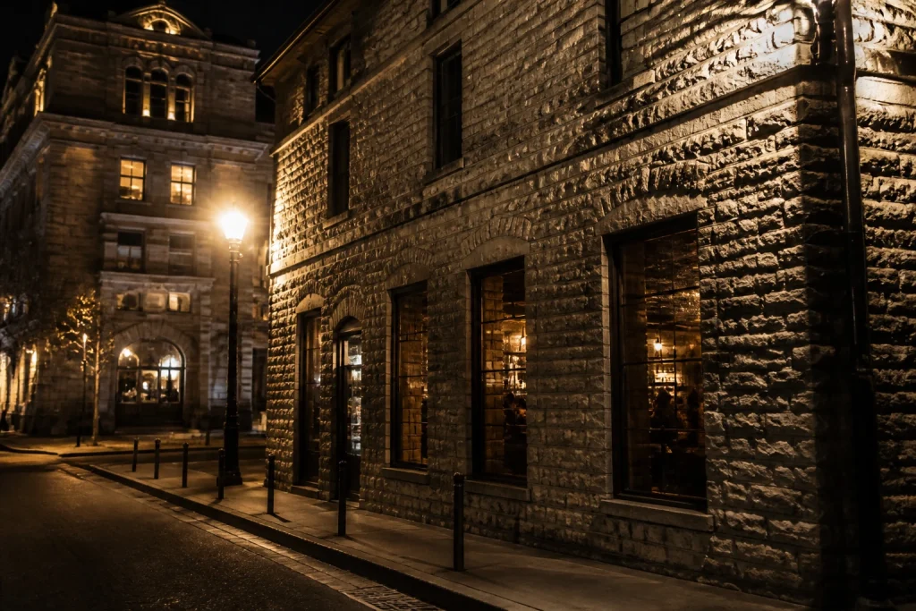 Historic Nashville building exterior illuminated at night