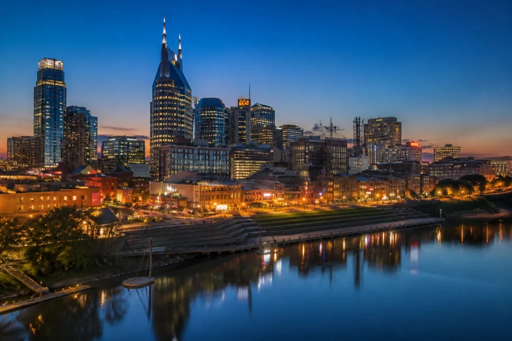 Downtown Nashville skyline at blue hour