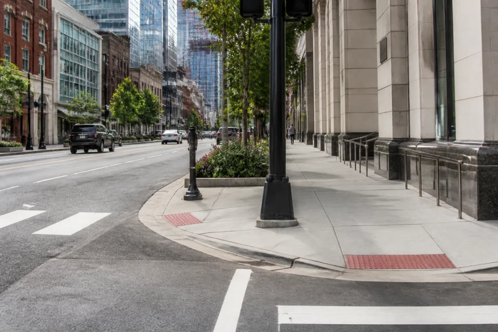 Accessible sidewalk and marked crossing on Second Avenue in downtown Nashville