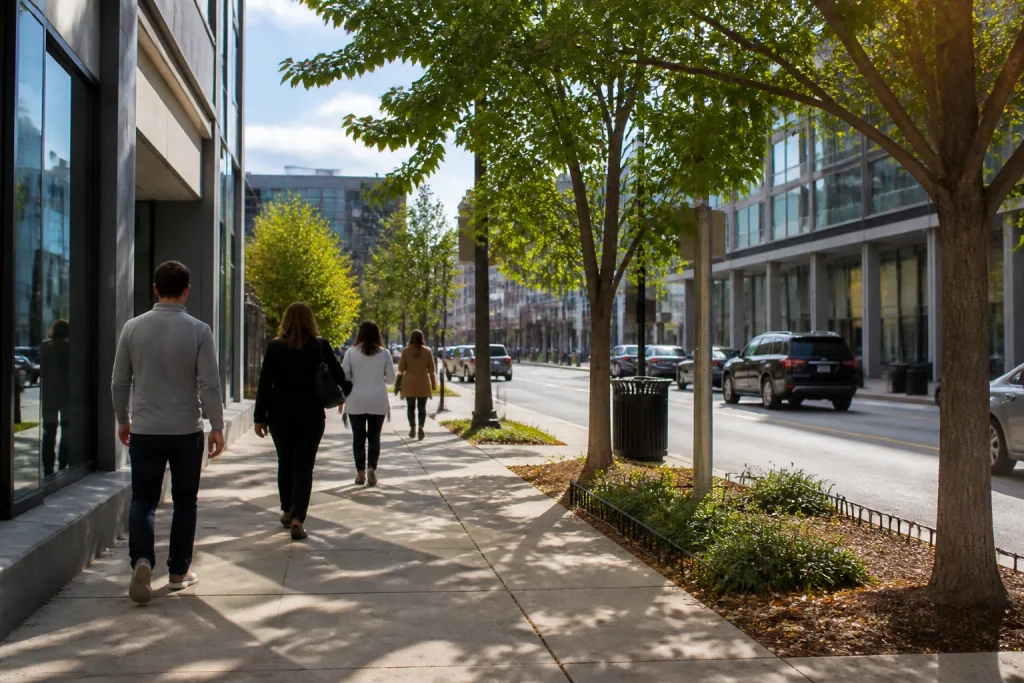 Visitors taking a self-guided sidewalk walk through Nashville’s Music Row