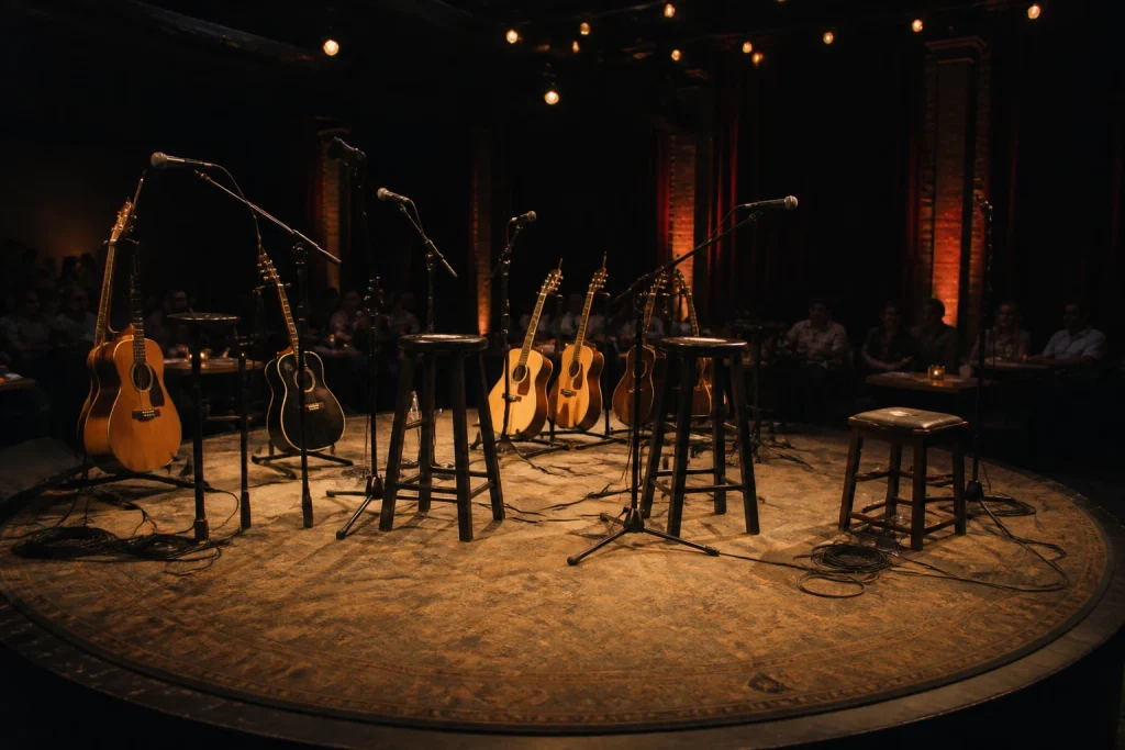 Acoustic guitars, stools, and microphones arranged for a Nashville writers’ round