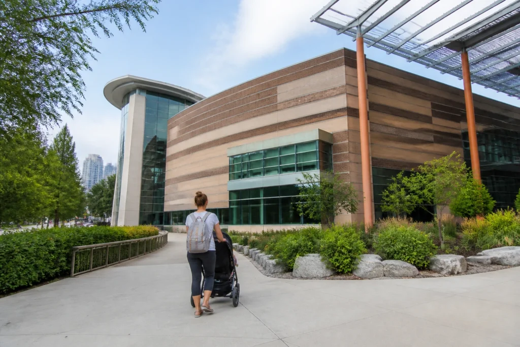 Parent with stroller outside Adventure Science Center in Nashville.